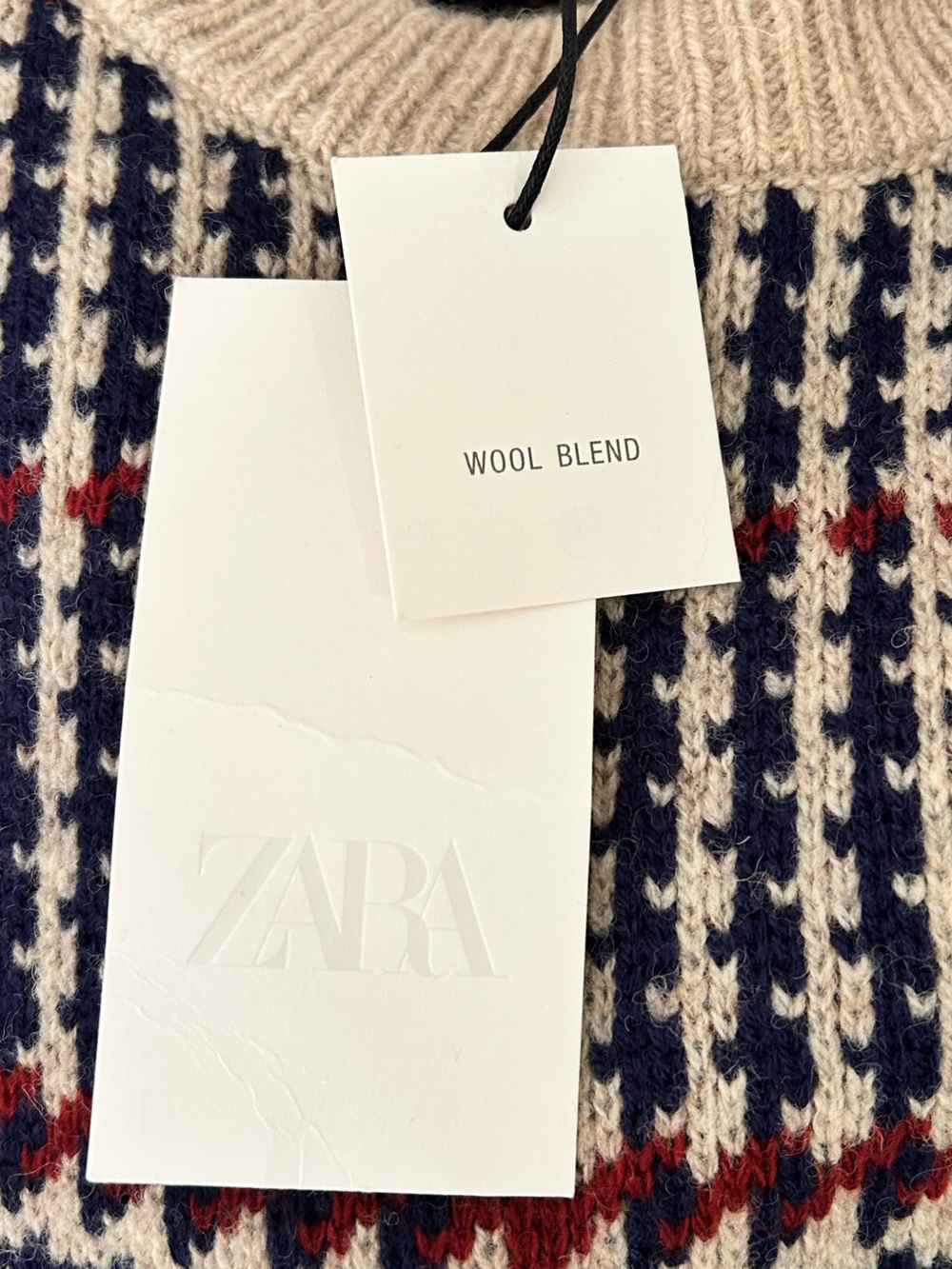 NWT Zara Beige Crewneck Sweater with Navy & Red Plaid - Picture 11 of 11